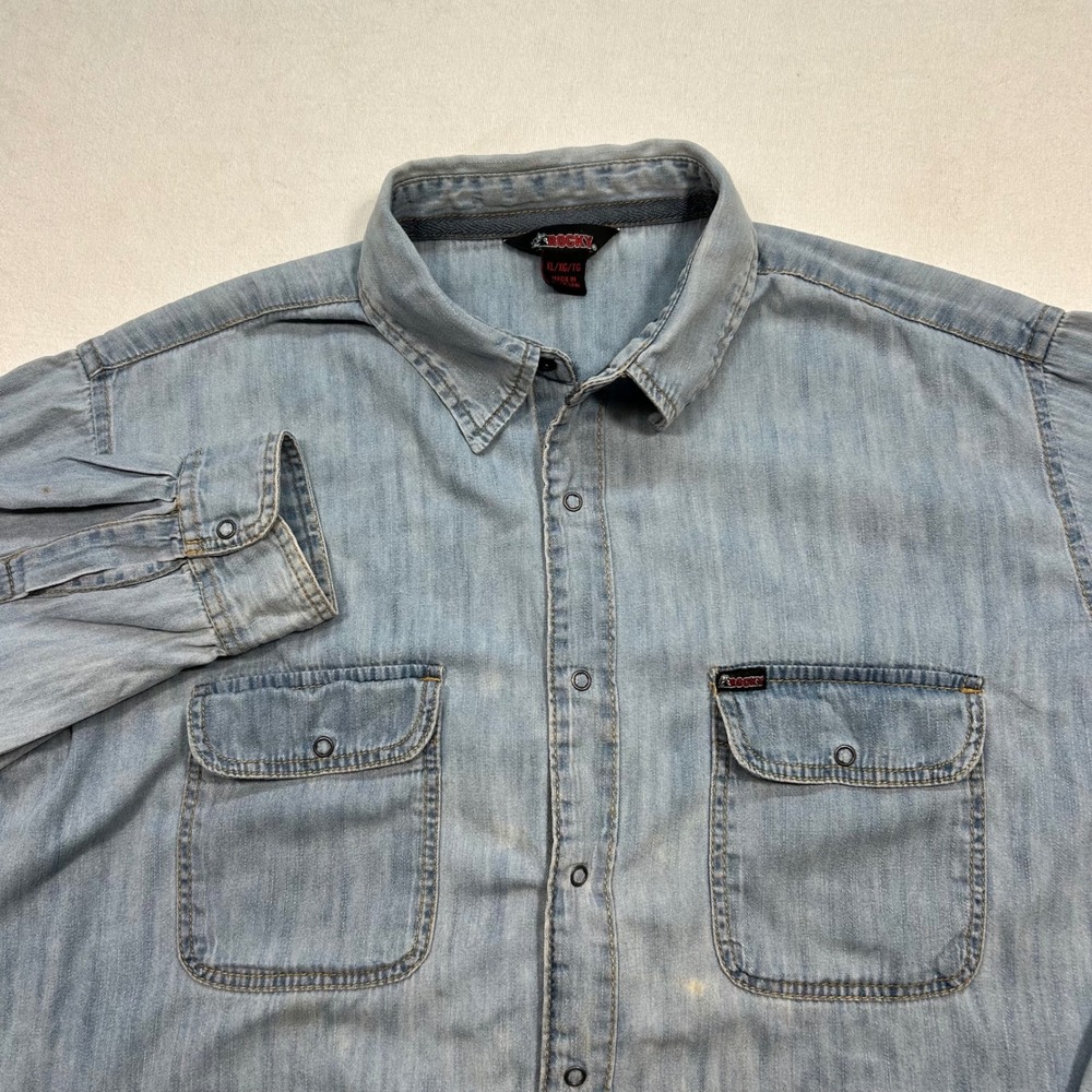 Rocky Western Pearl Snap Shirt XL Mens Light Blue‎ Denim Long Sleeve Workwear